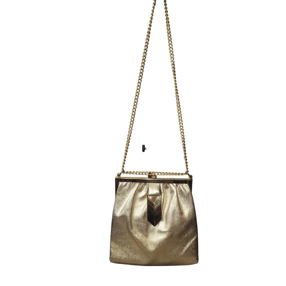 Vintage Gold Evening Bag With Chain Strap & Triangular Front Plate Satin Lined C - Picture 7 of 16